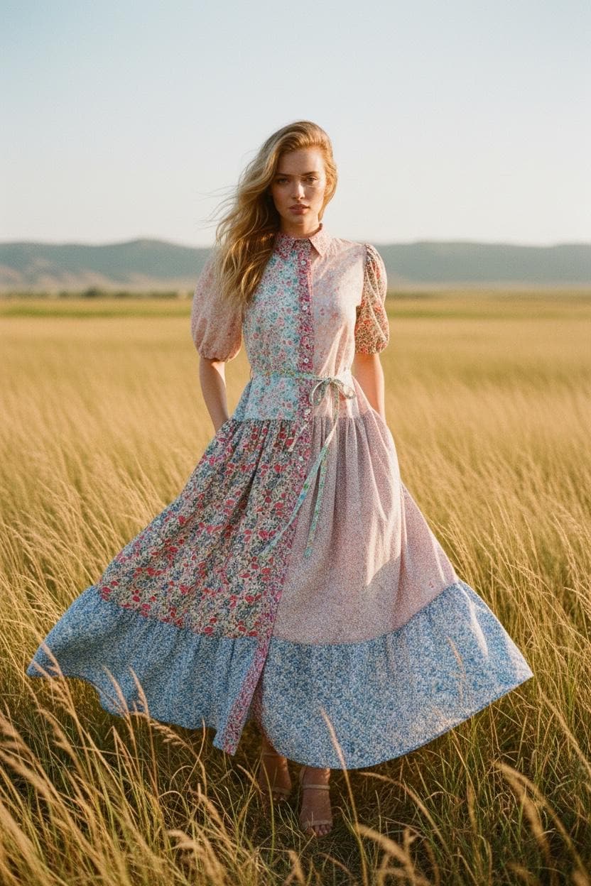 Maxi Liberty London Patches Tiered Shirt Dress: Button Through, Puffy Half Sleeves