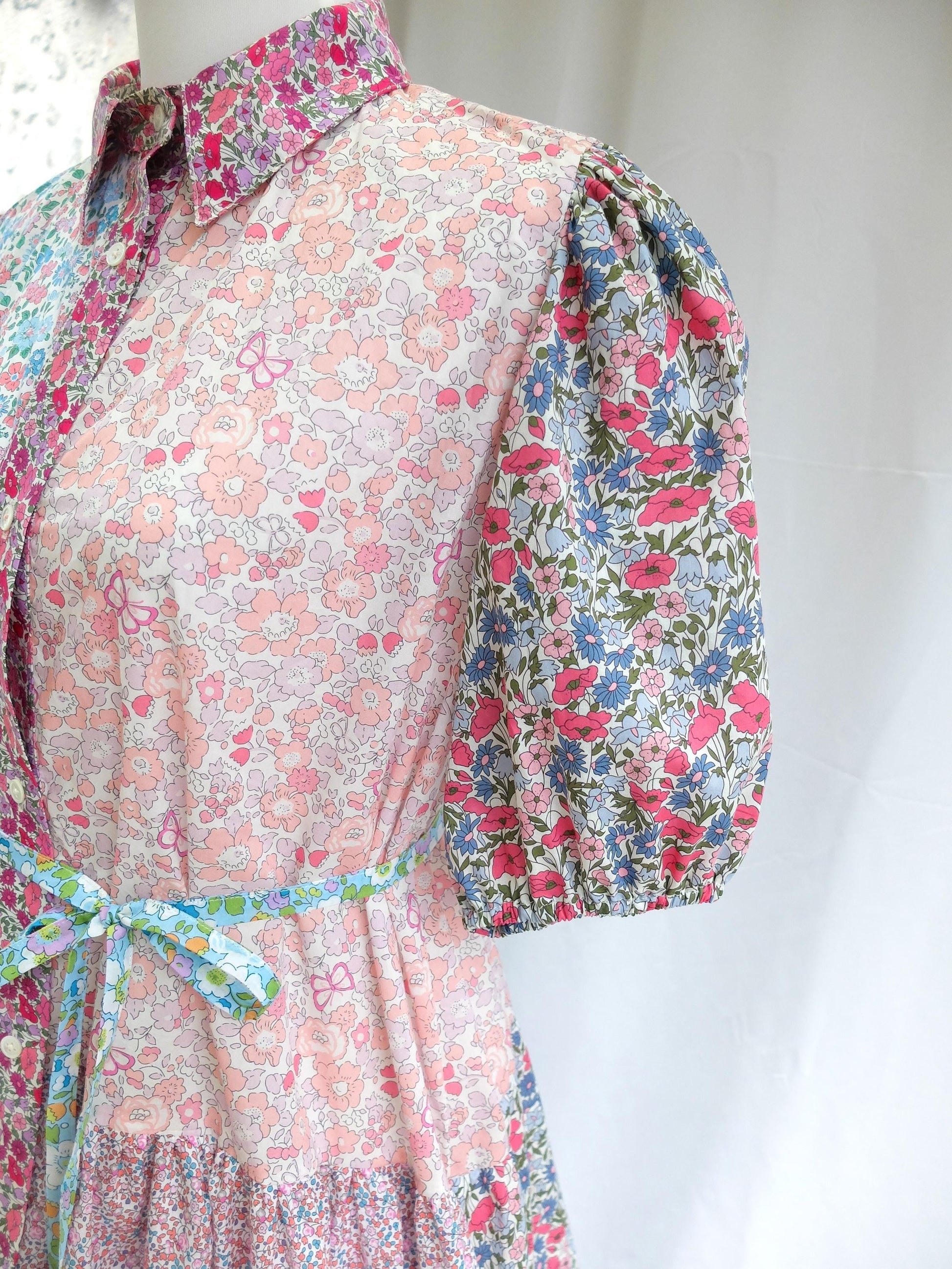 Maxi Liberty London Patches Tiered Shirt Dress: Button Through, Puffy Half Sleeves