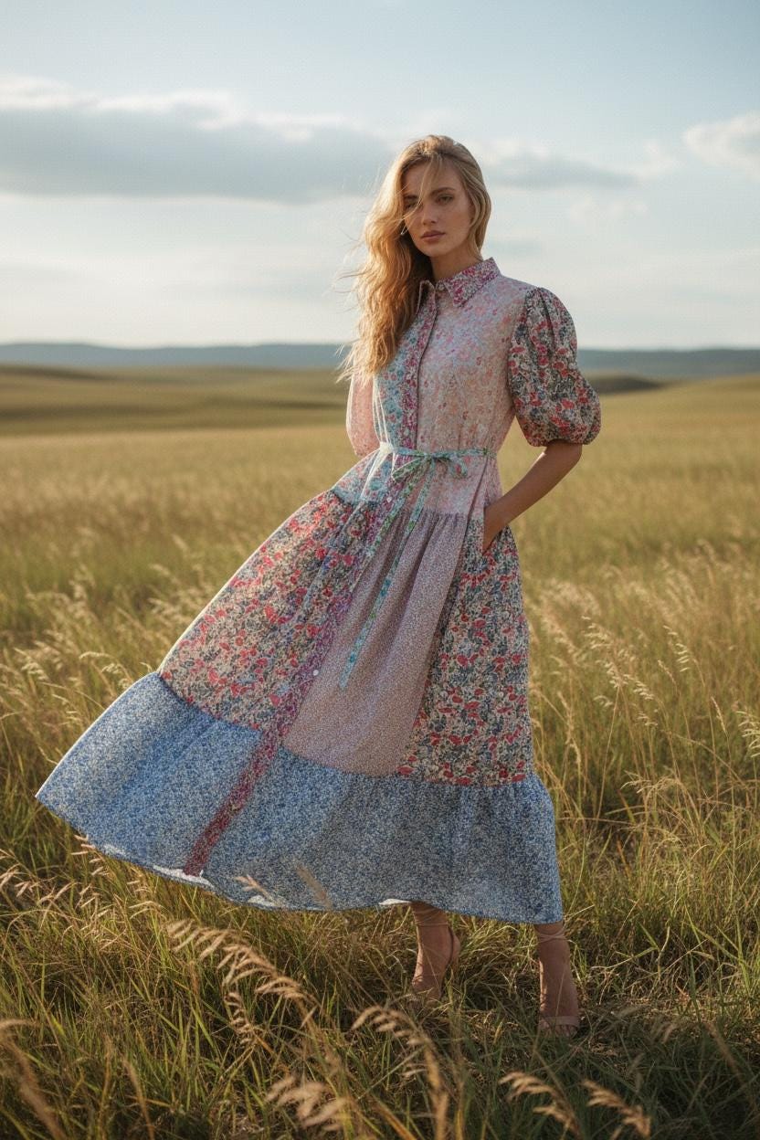 Maxi Liberty London Patches Tiered Shirt Dress: Button Through, Puffy Half Sleeves