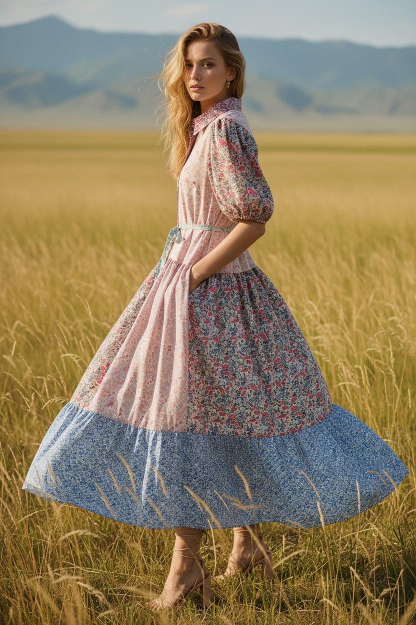 Maxi Liberty London Patches Tiered Shirt Dress: Button Through, Puffy Half Sleeves
