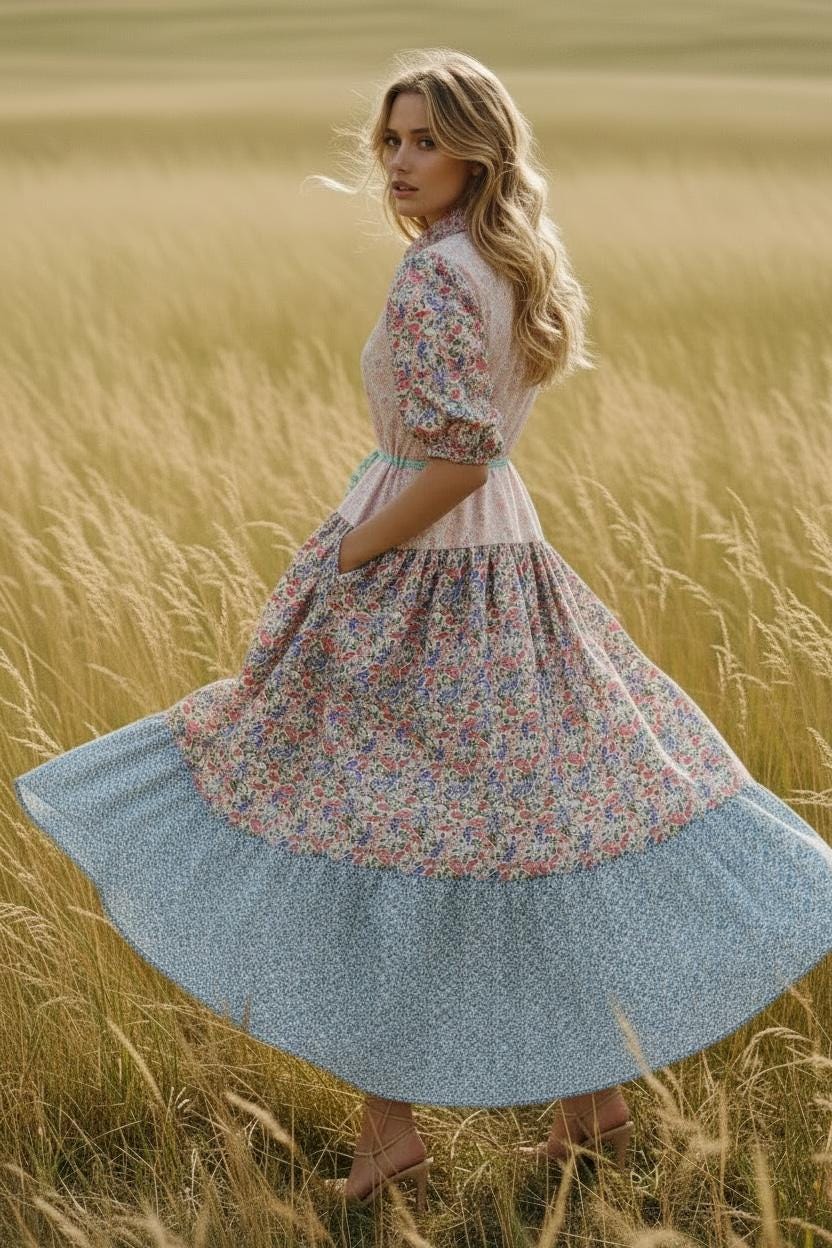 Maxi Liberty London Patches Tiered Shirt Dress: Button Through, Puffy Half Sleeves