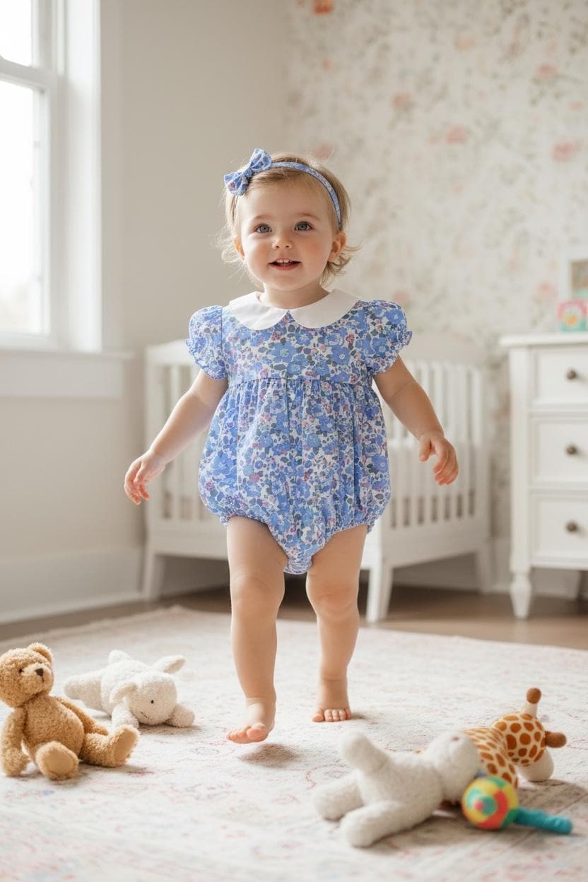 Liberty London Baby Bubble Romper: Peter Pan Collar, Floral Print Cotton Tana Lawn