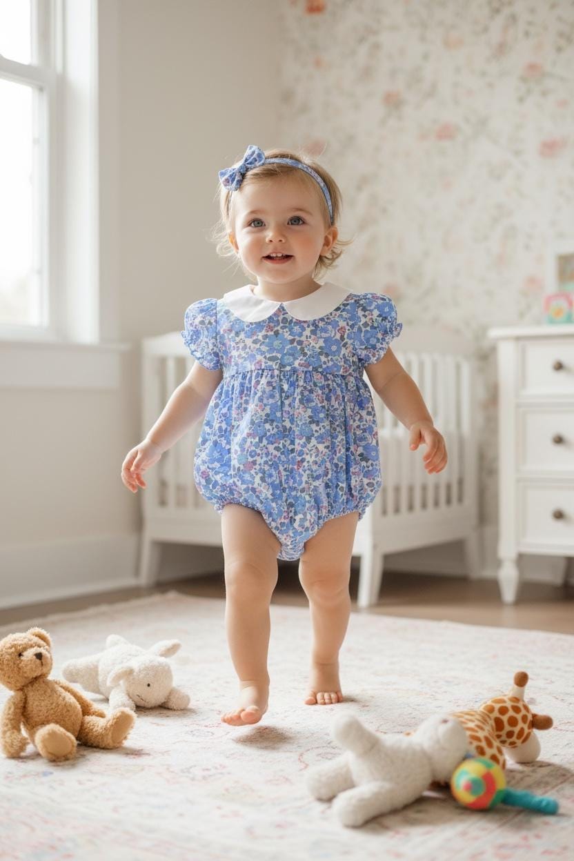 Liberty London Bubble Romper: Floral Print Cotton, Short Sleeves, Ruffle Collar