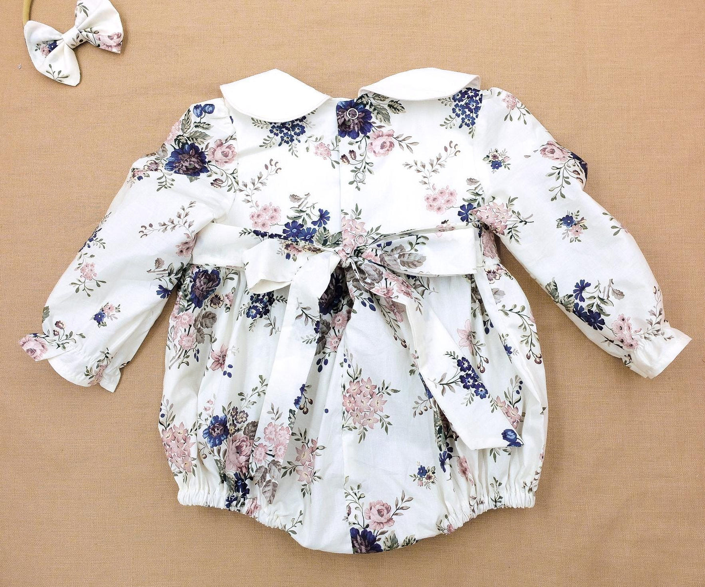 Peter Pan Collar Liberty Bubble Romper: Floral Print Cotton, Short Sleeve
