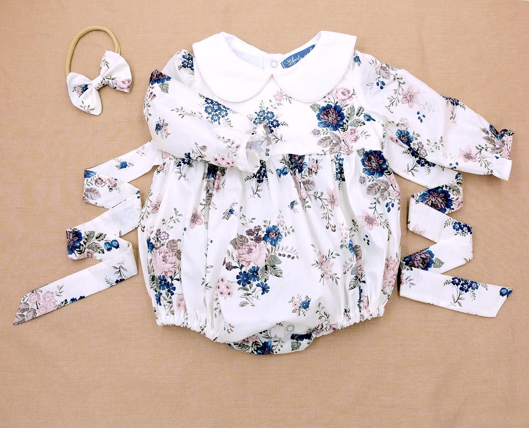 Peter Pan Collar Liberty Bubble Romper: Floral Print Cotton, Short Sleeve