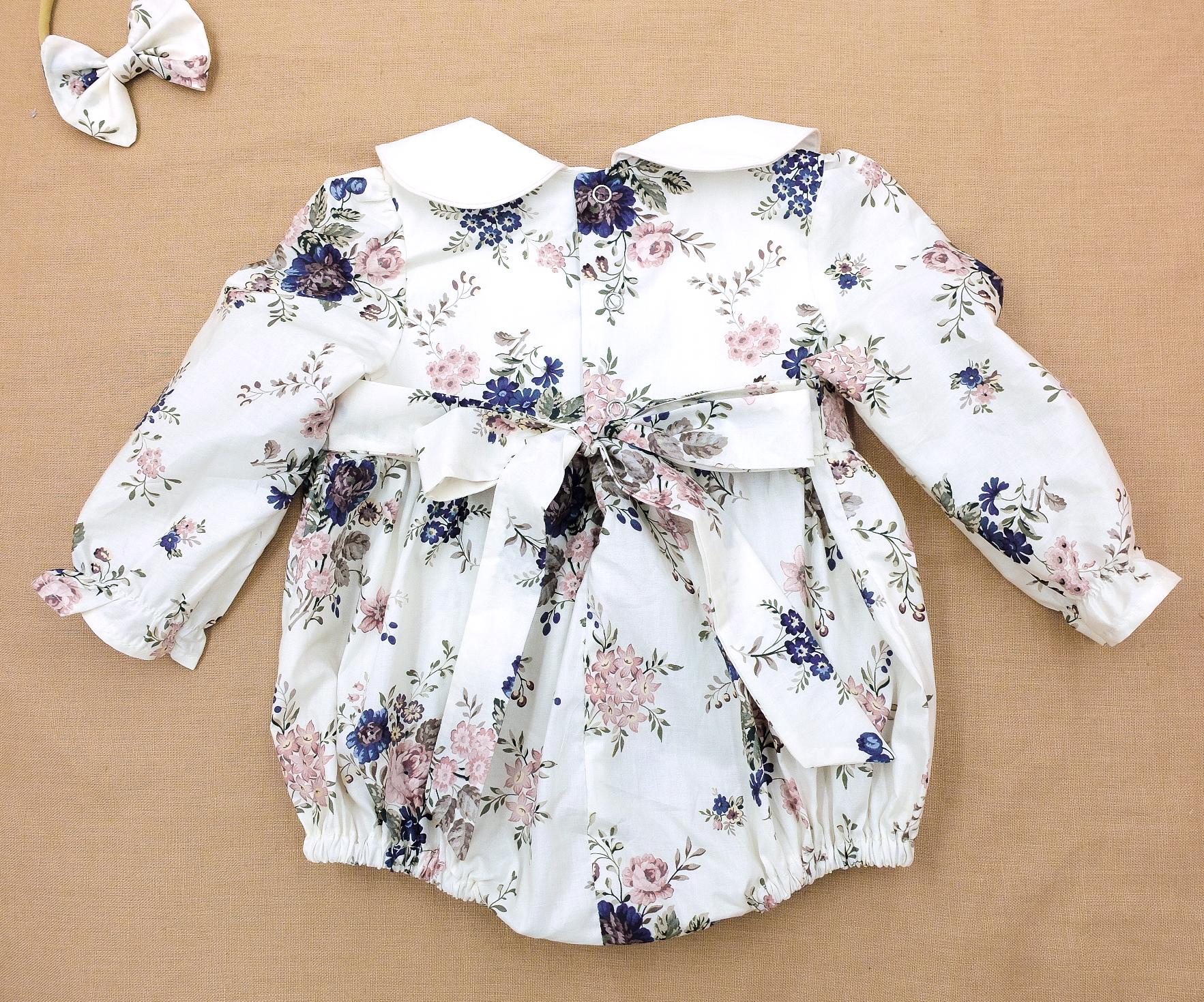 Peter Pan Collar Liberty Bubble Romper: Floral Print Cotton, Short Puffed Sleeve