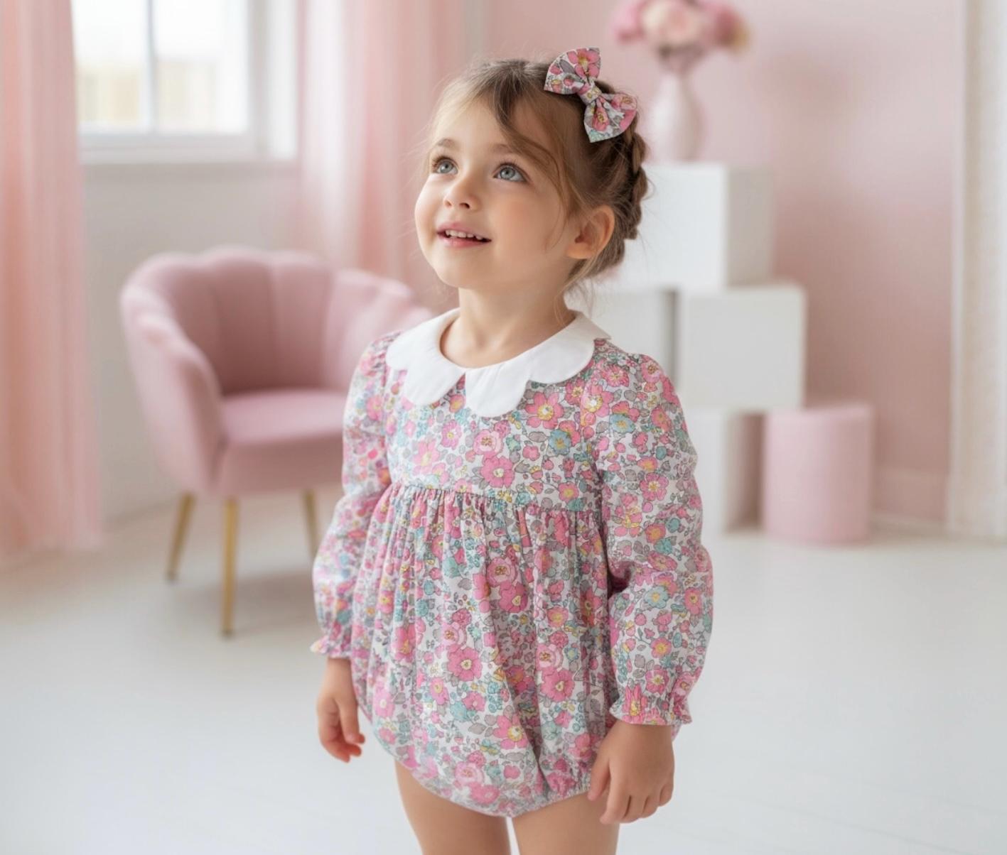 Liberty London Baby Romper, Floral Print Cotton Playsuit, Scallop Collar
