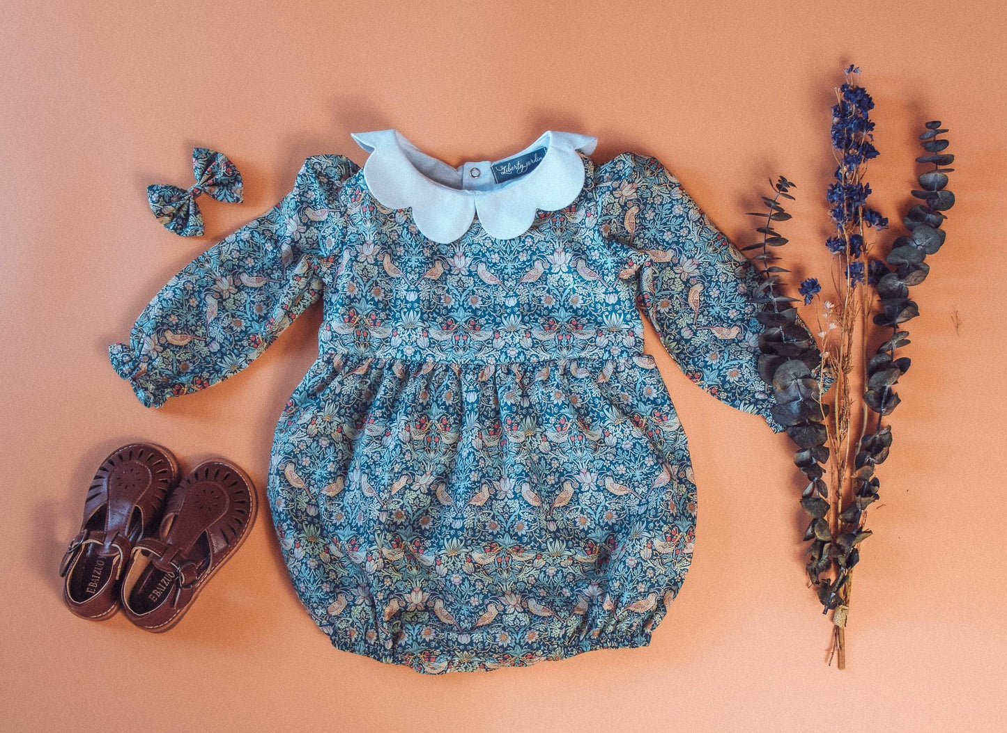 Liberty London Baby Girl Bubble Long Sleeve Romper: Floral Print Cotton Onesie, Collar Playsuit