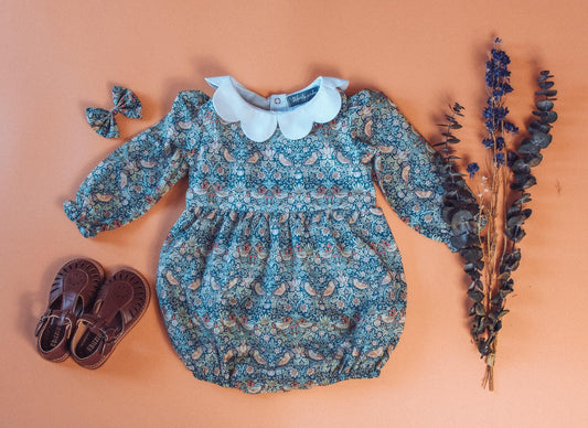 Liberty London Baby Girl Bubble Long Sleeve Romper: Floral Print Cotton Onesie, Collar Playsuit