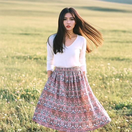 Liberty London Woman Midi Skirt: Elastic Waist Flare Skirt, Ditsy Botanical Floral Print