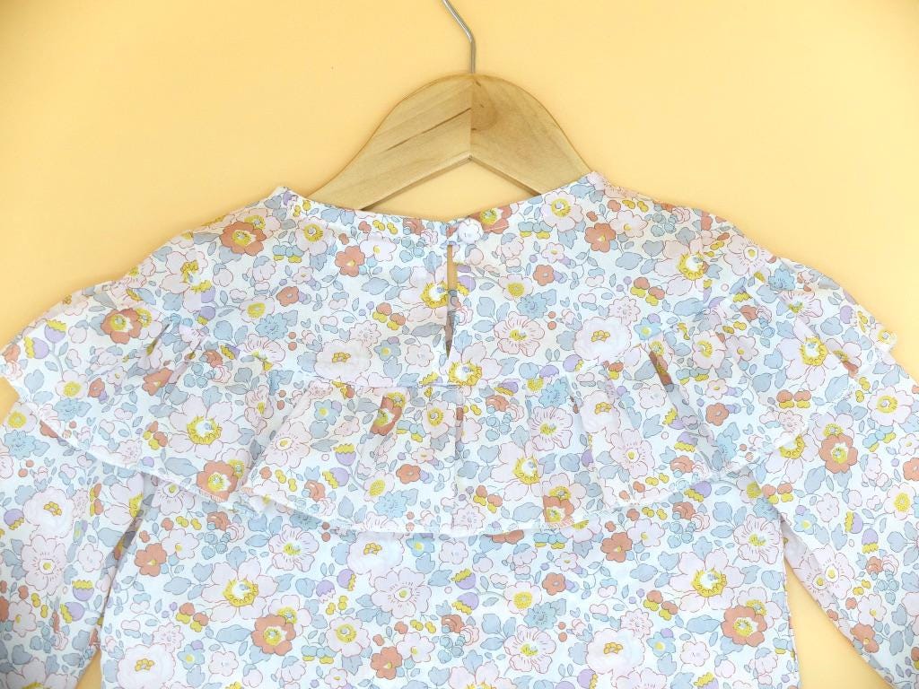 Liberty London Ditsy Floral Print Blouse, Ruffle Yoke Pastel Tana Lawn Cotton Handmade Top