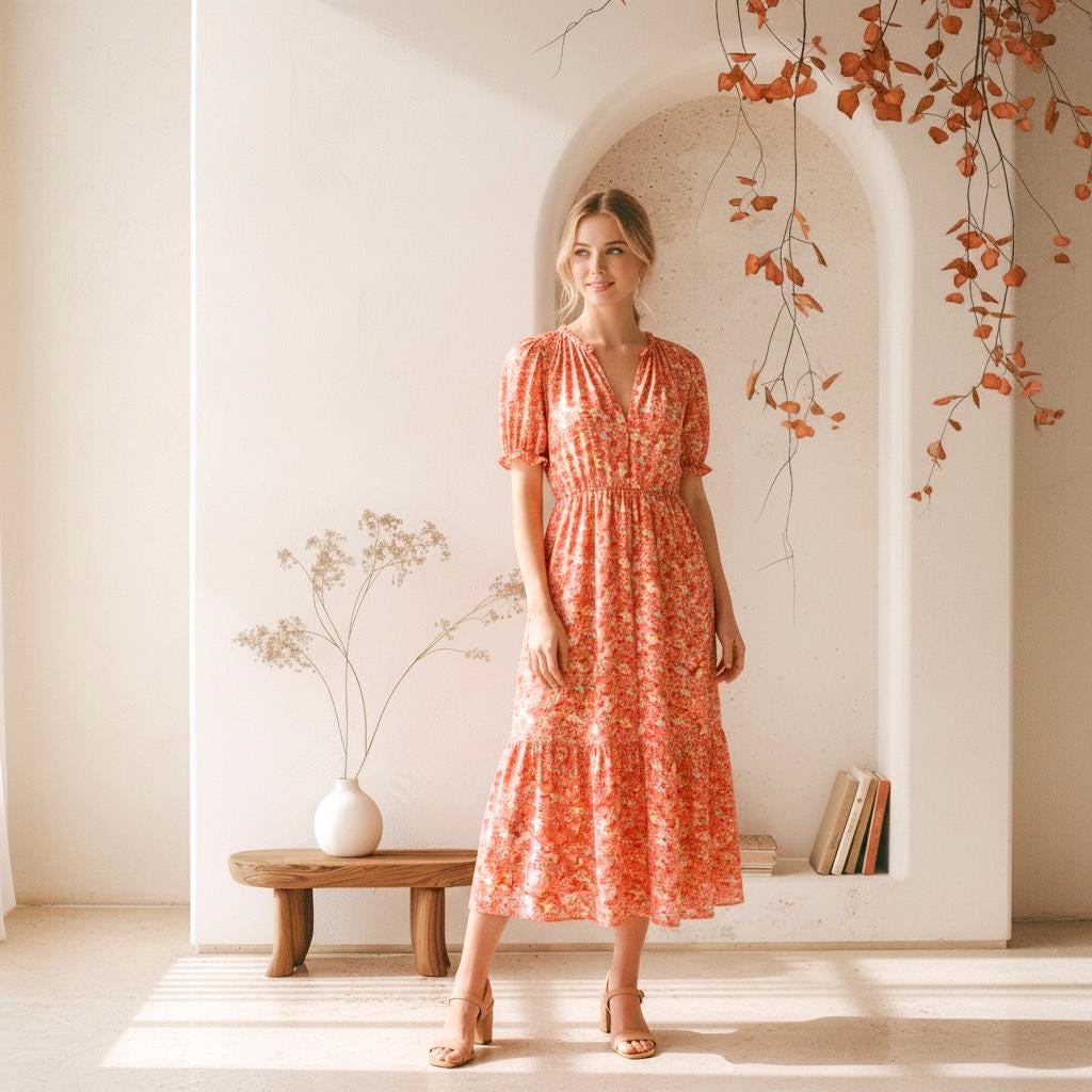 Liberty London V-Neck Smock Midi Sun Dress, Ditsy Floral Short Puffy Sleeves Handmade Dress