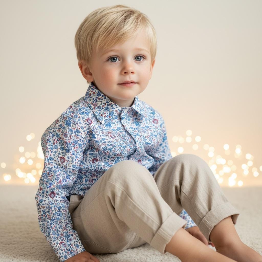 Liberty London Long Sleeves Button Up Shirt, Blue Animal Floral Print Chemise, Handmade Clothing