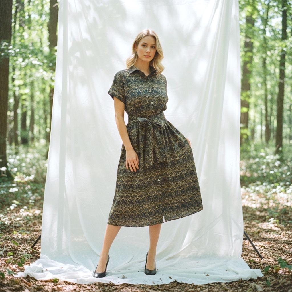 Liberty London Midi Shirt Dress, Drop Shoulder Short Sleeves Navy Gold Print Handmade Clothing