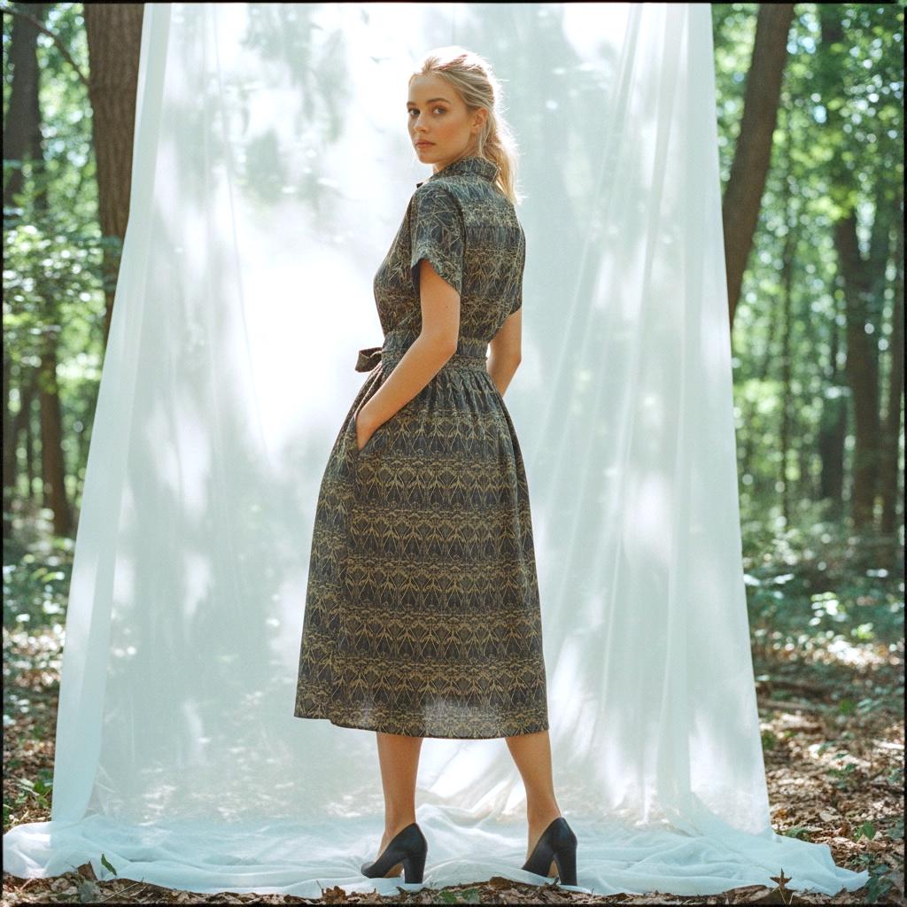 Liberty London Midi Shirt Dress, Drop Shoulder Short Sleeves Navy Gold Print Handmade Clothing