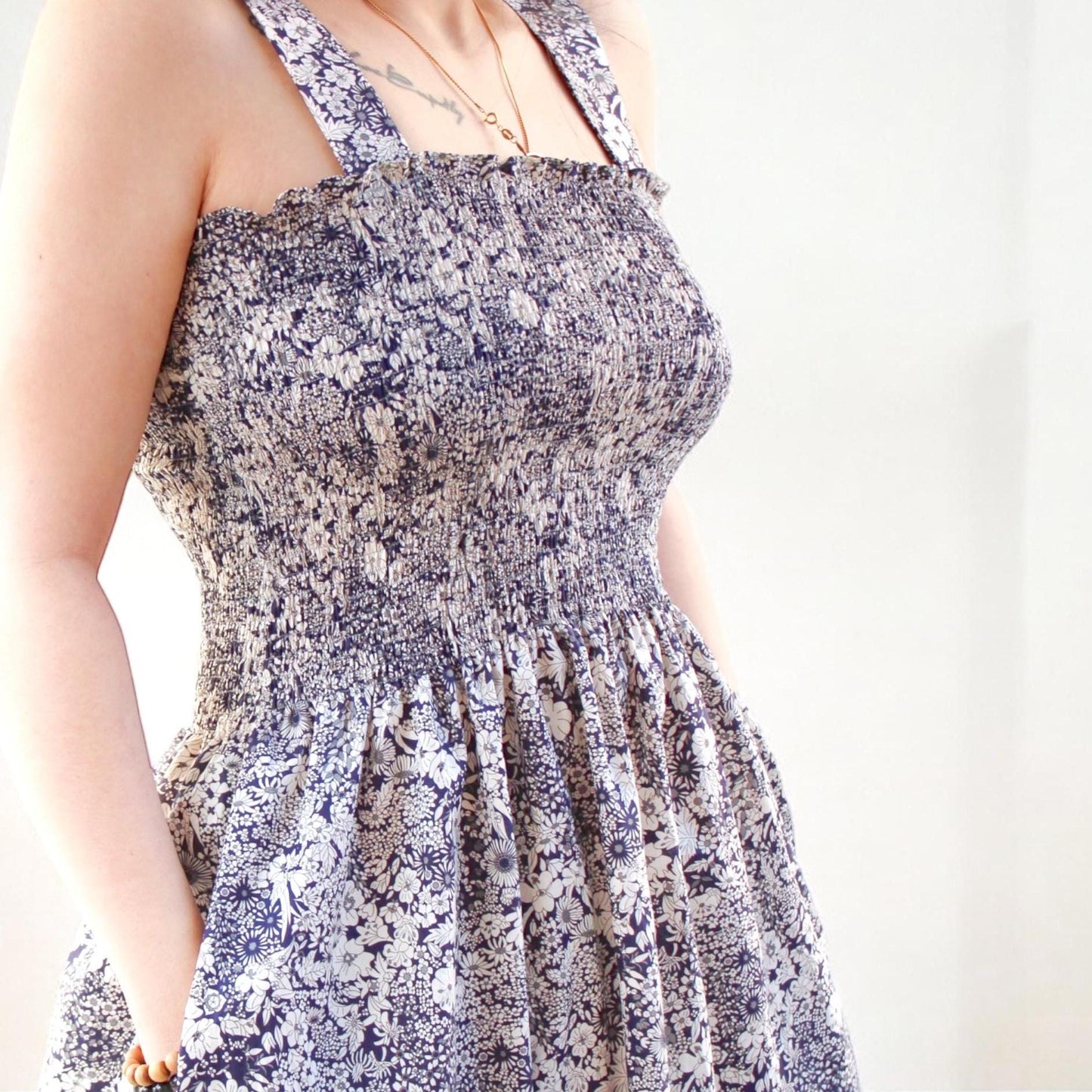 Liberty London Navy White Floral Print Smock Shirred Sun Dress, Cotton Handmade Beach Dress