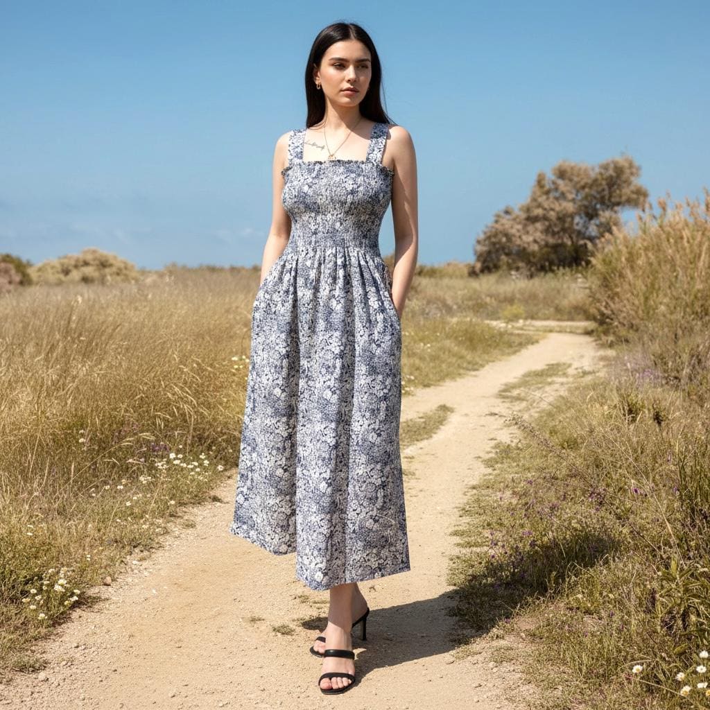 Liberty London Navy White Floral Print Smock Shirred Sun Dress, Cotton Handmade Beach Dress