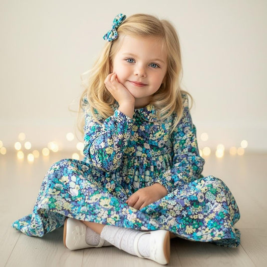 Liberty London Peter Pan Collar Long Sleeves Dress, Green Blue Floral Print Handmade Dress