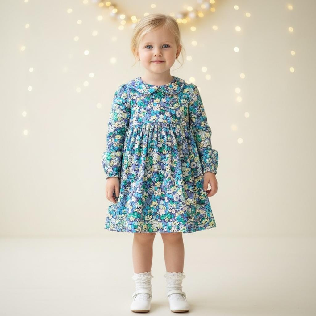 Liberty London Peter Pan Collar Long Sleeves Dress, Green Blue Floral Print Handmade Dress