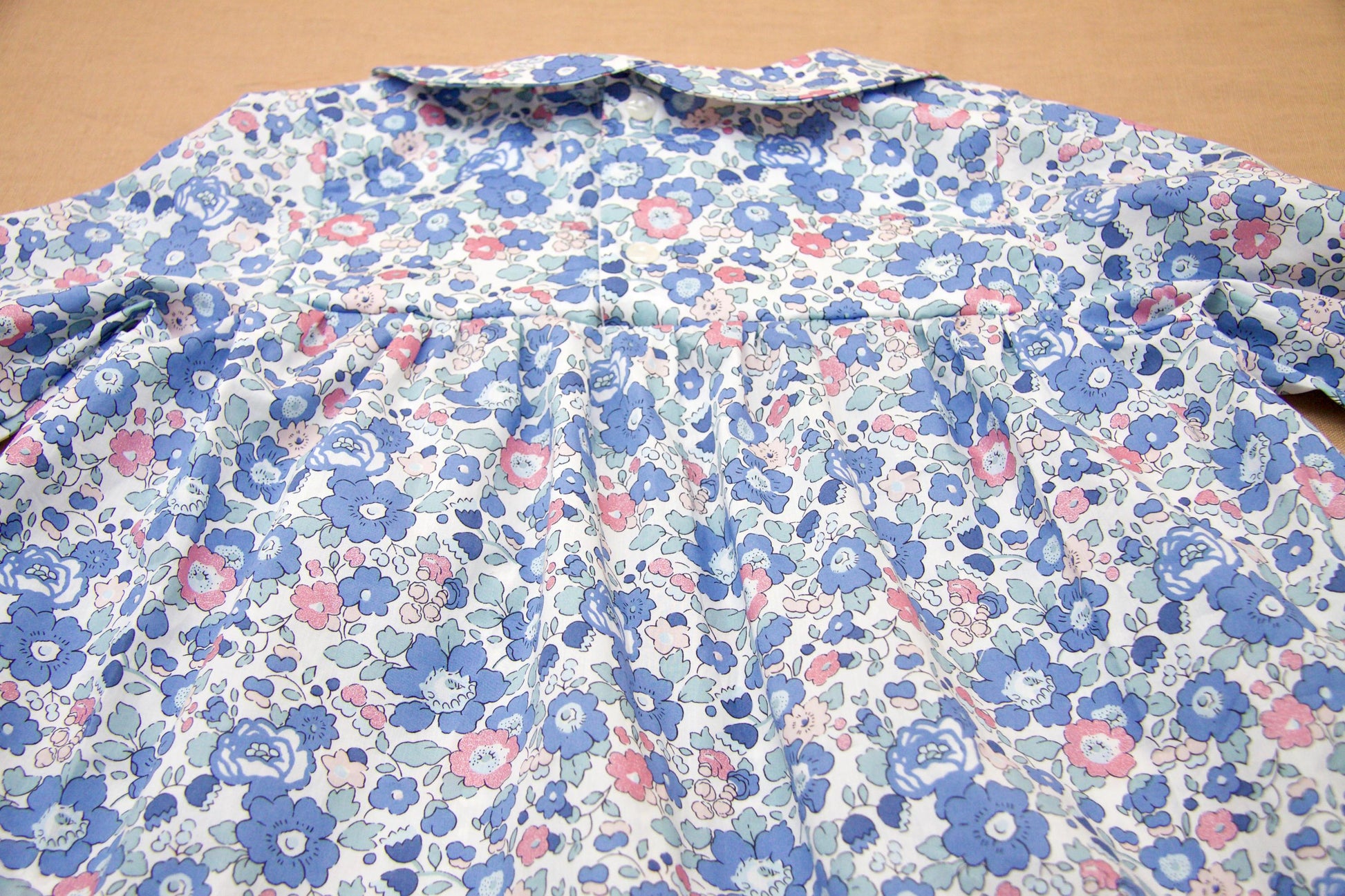 Liberty London Peter Pan Collar Smock Top, Long Sleeves Blue Betsy Floral Print Blouse