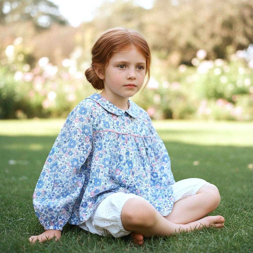 Liberty London Peter Pan Collar Smock Top, Long Sleeves Blue Betsy Floral Print Blouse