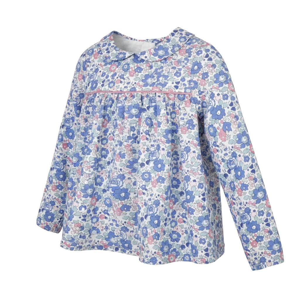 Liberty London Peter Pan Collar Smock Top, Long Sleeves Blue Betsy Floral Print Blouse