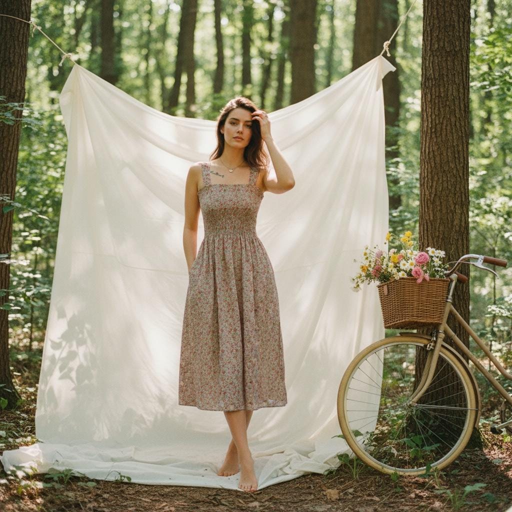 Liberty London Smock Shirred Midi Sun Dress, Handmade Floral Print Cotton Tana Lawn Clothing