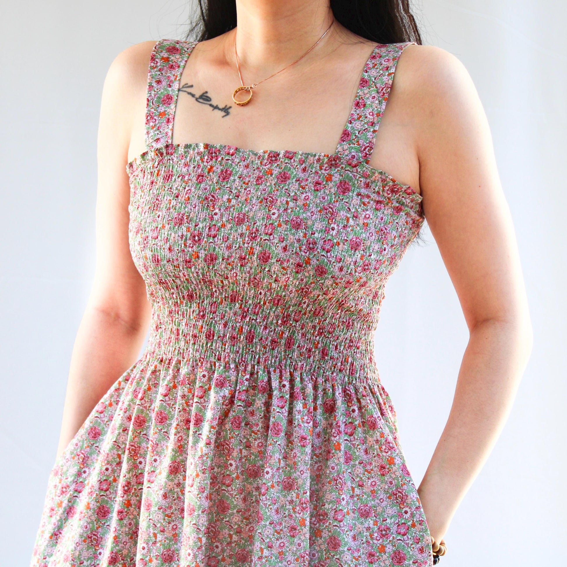 Liberty London Smock Shirred Midi Sun Dress, Handmade Floral Print Cotton Tana Lawn Clothing