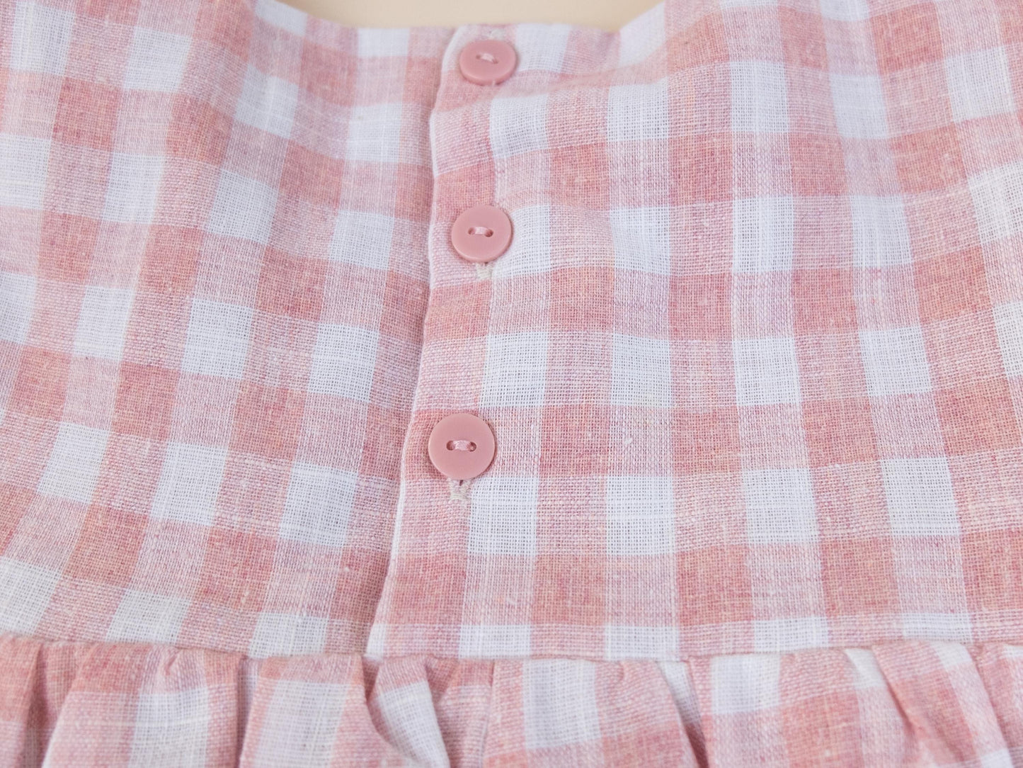 Pink Gingham Linen Smock Dress, Puffed Short Sleeves Square Neck Sun Dress, Handmade Clothing