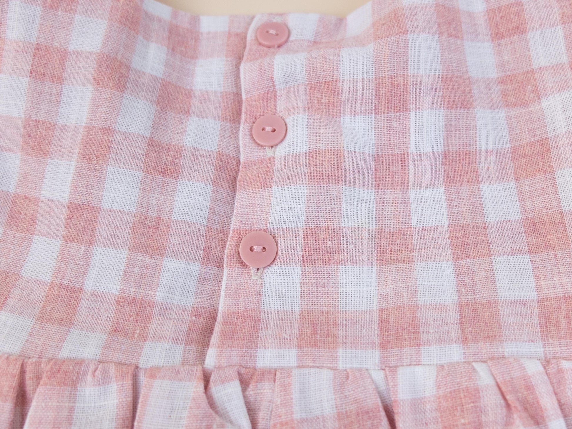 Pink Gingham Linen Smock Dress, Puffed Short Sleeves Square Neck Sun Dress, Handmade Clothing