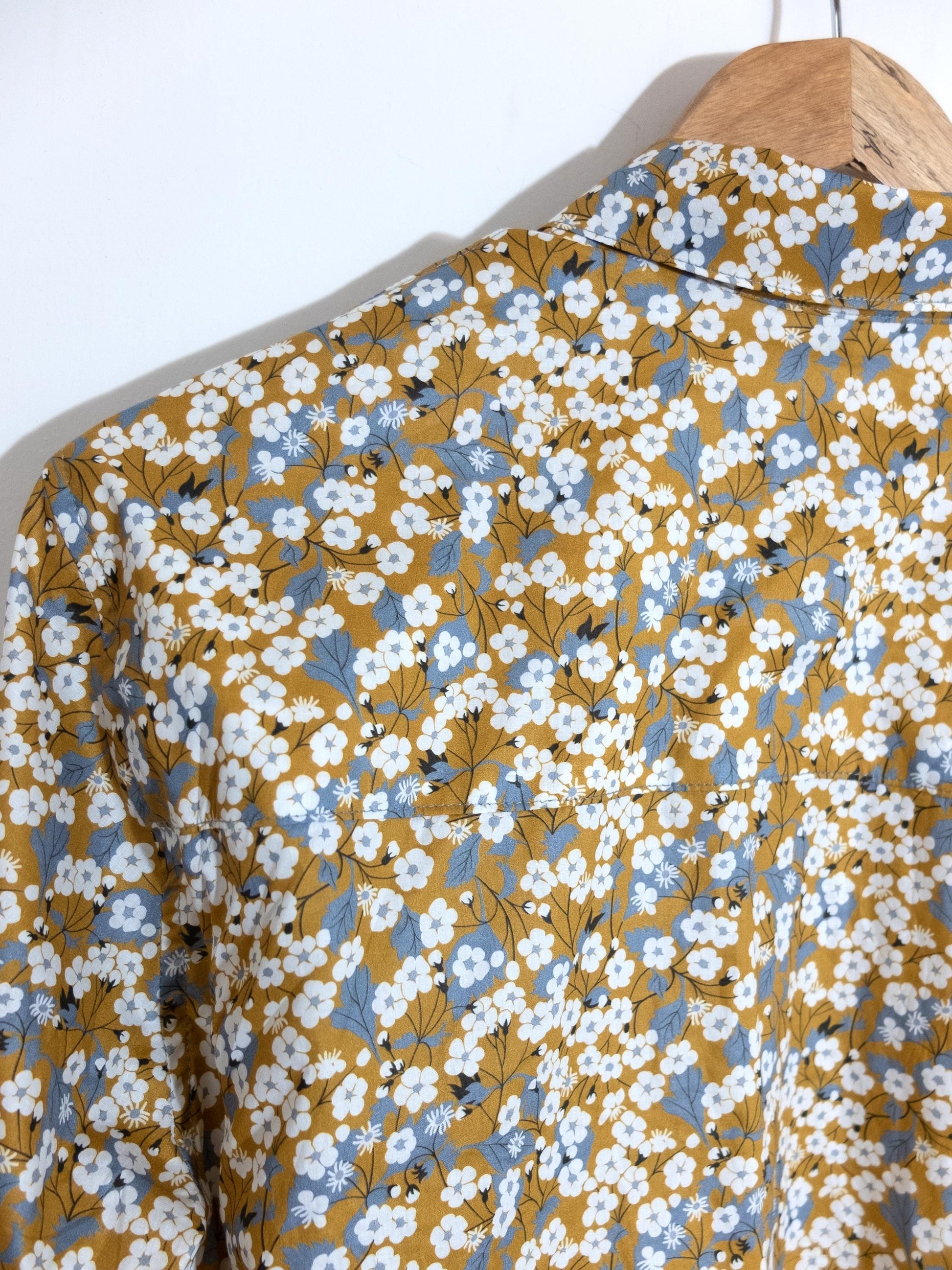 Liberty London Button Up Long Sleeves Dress Shirt, Mustard Gray Handmade Floral Print Chemise