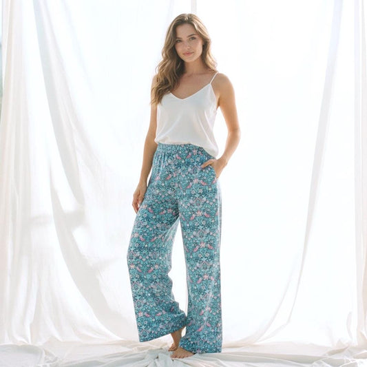 Liberty London Wide Leg Palazzo Pants, Floral Print Blue Pink Strawberry Thief Loungewear Trousers