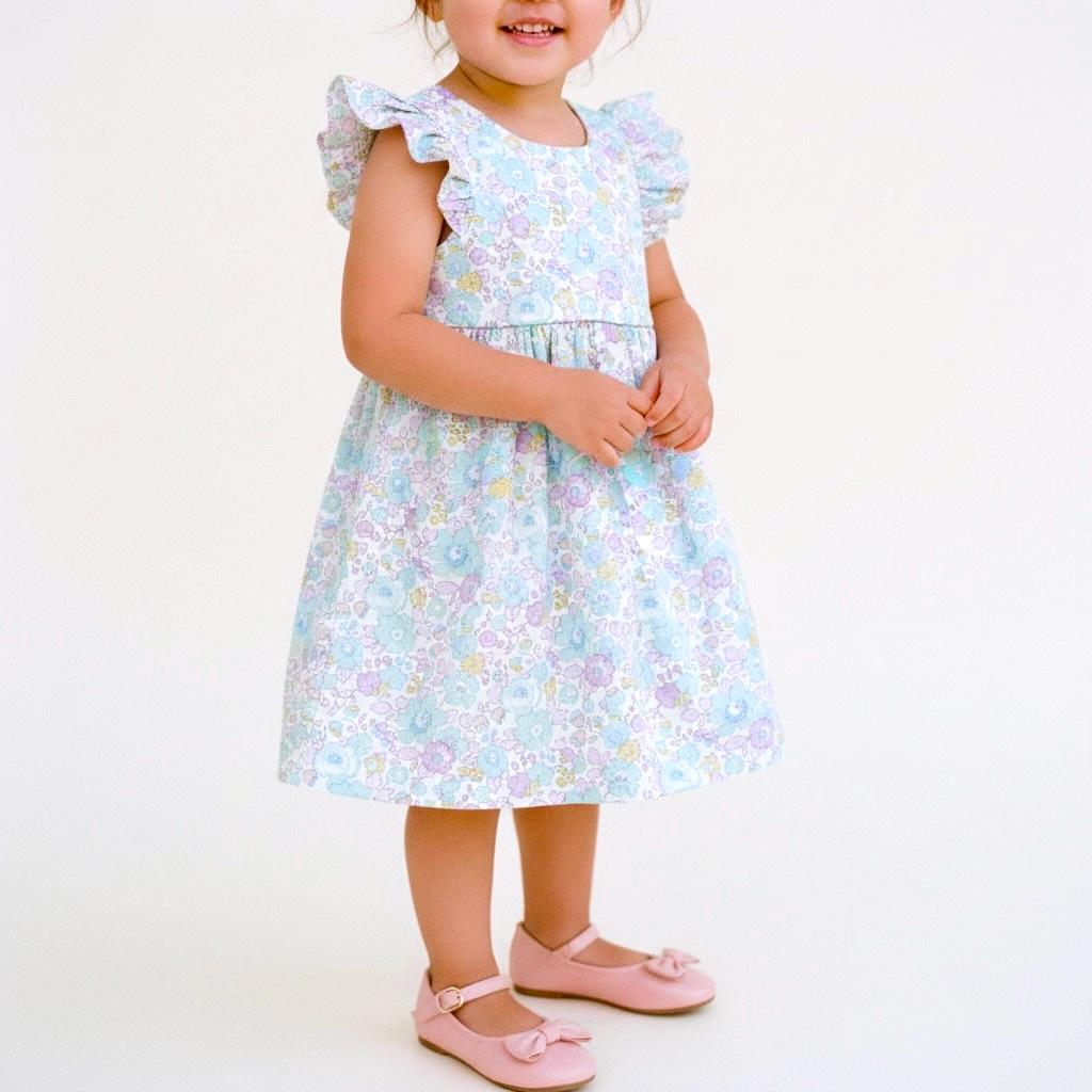 Liberty London Floral Sun Dress, Girls Ruffle Sleeve Tana Lawn Cotton