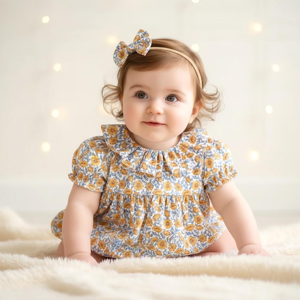 Liberty London Frilled Collar Bubble Romper, Puffy Sleeves Floral Print Playsuit, 100% Cotton