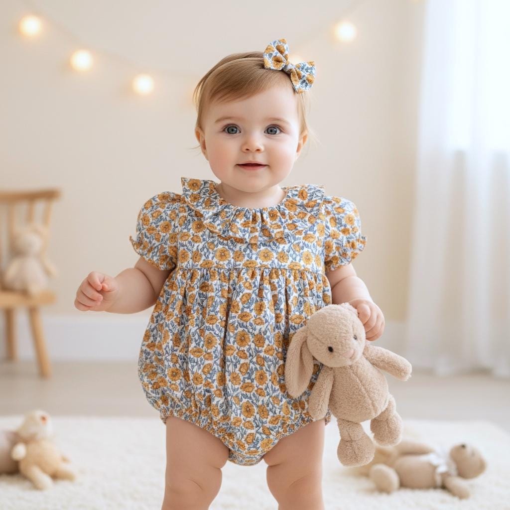 Liberty London Frilled Collar Bubble Romper, Puffy Sleeves Floral Print Playsuit, 100% Cotton