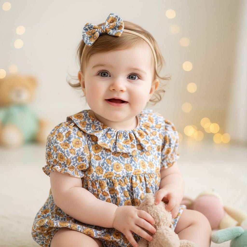 Liberty London Frilled Collar Bubble Romper, Puffy Sleeves Floral Print Playsuit, 100% Cotton