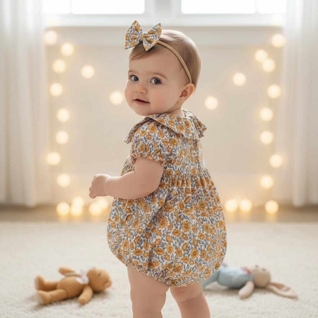 Liberty London Frilled Collar Bubble Romper, Puffy Sleeves Floral Print Playsuit, 100% Cotton