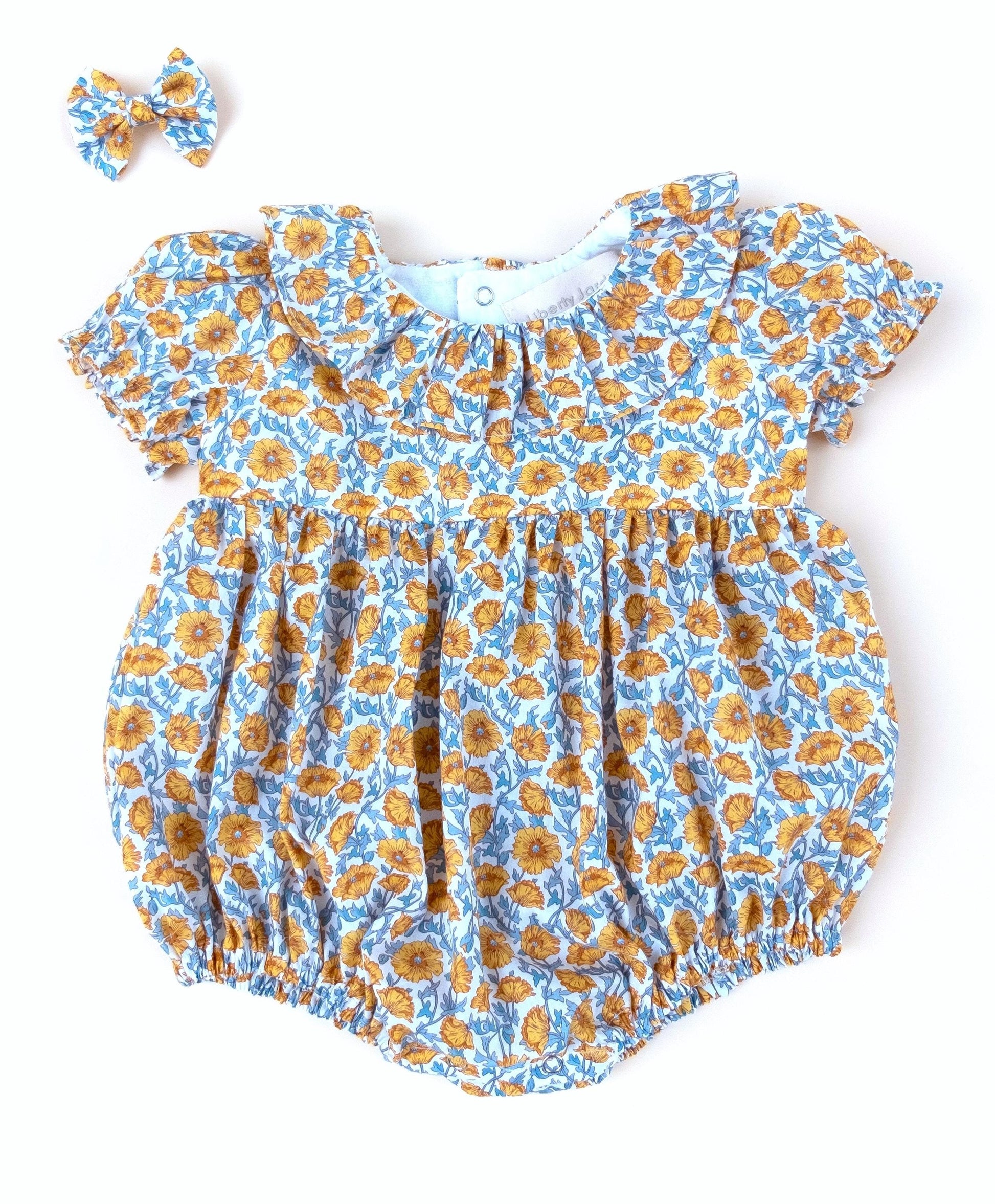 Liberty London Frilled Collar Bubble Romper, Puffy Sleeves Floral Print Playsuit, 100% Cotton
