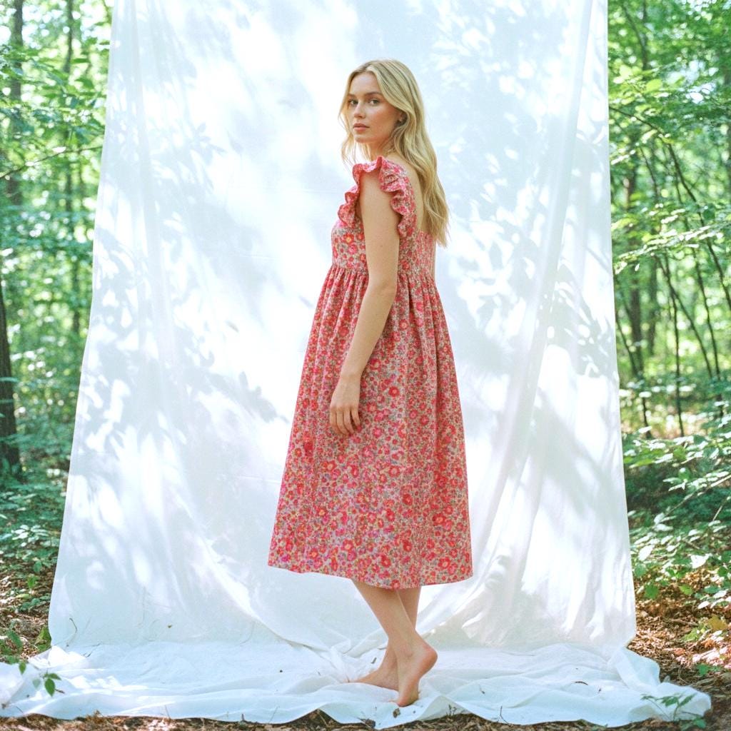 Liberty London Floral Smock Midi Dress, Square Neck Cotton Tana Lawn Clothing