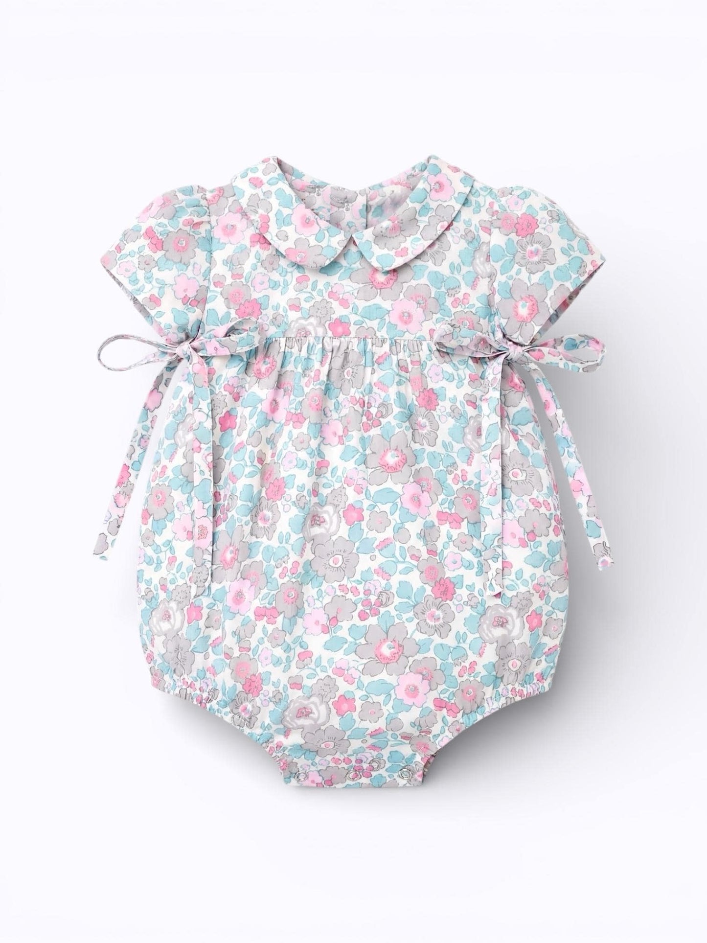 Liberty London Floral Bubble Romper, Pastel Pink Blue, Peter Pan Collar Sunsuit