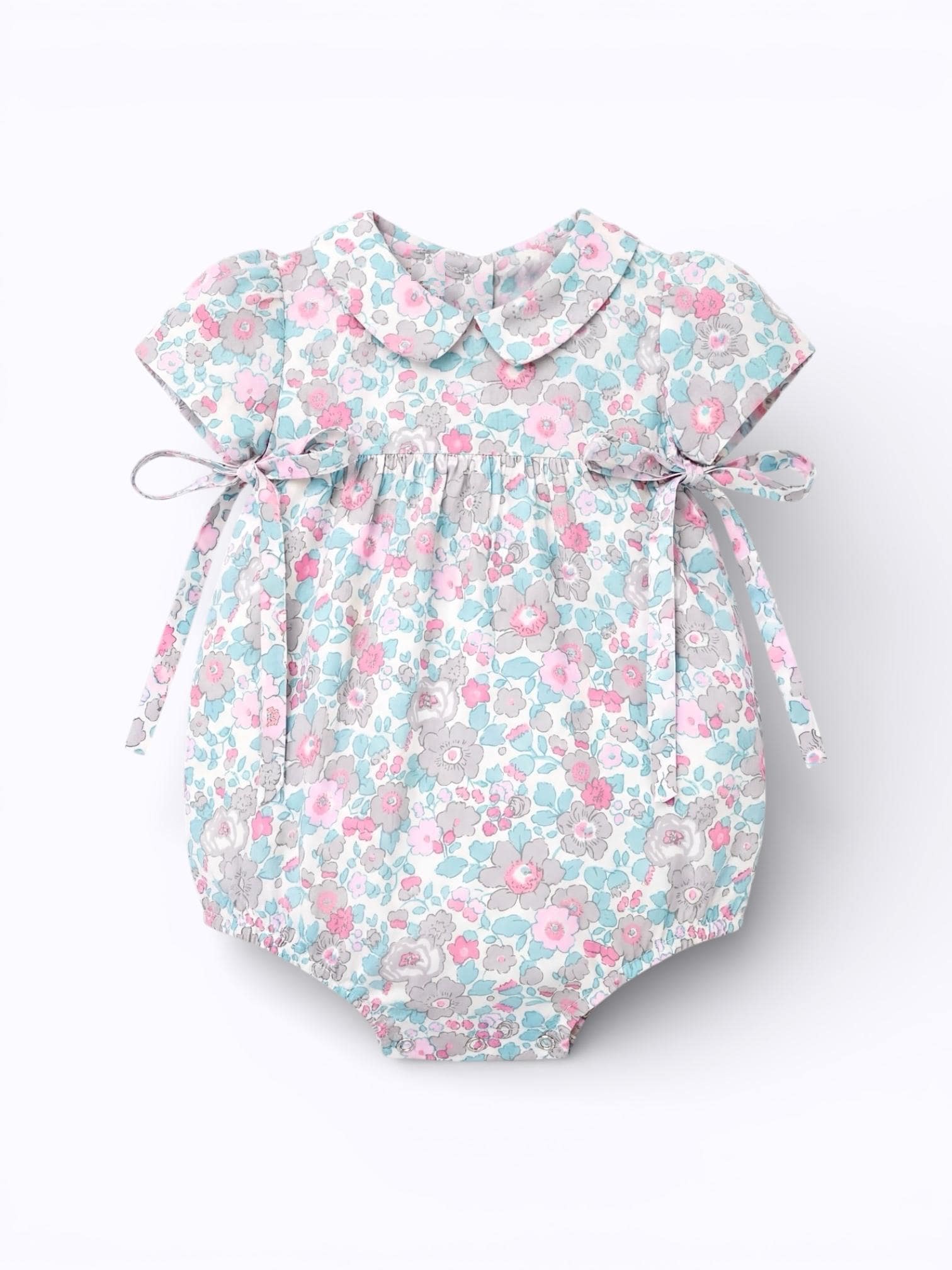 Liberty London Floral Bubble Romper, Pastel Pink Blue, Peter Pan Collar Sunsuit