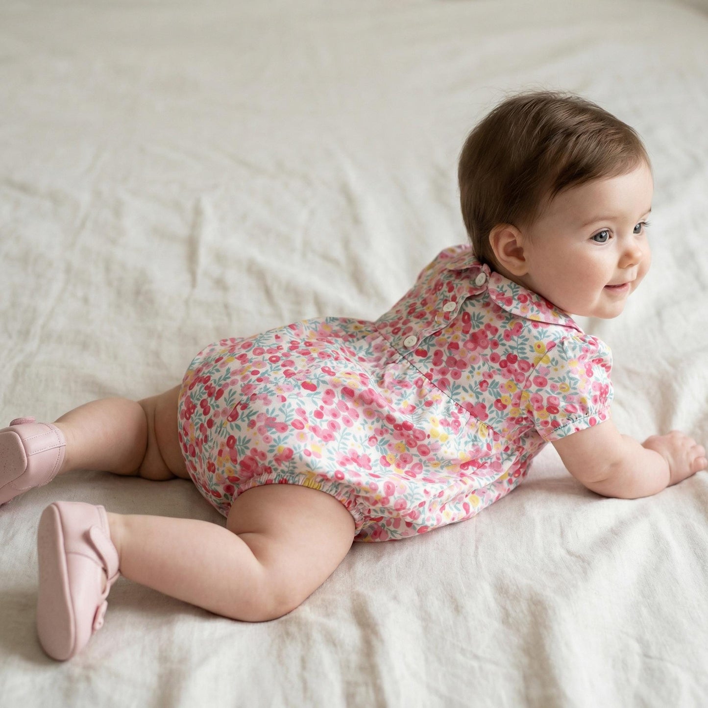 Liberty London Floral Bubble Romper, Peter Pan Collar, Heirloom Cotton Sunsuit