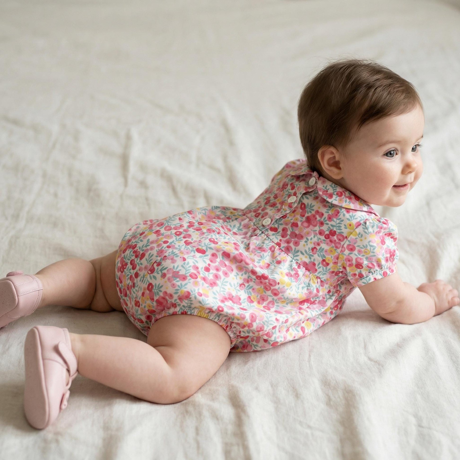 Liberty London Heirloom Children-wear, Peter-Pan Collared Short-Sleeved Ditsy Bubble Romper, Handmade Sustainable Luxury Clothing
