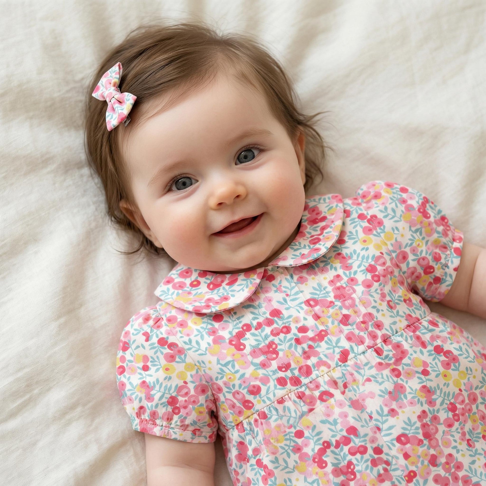 Liberty London Heirloom Children-wear, Peter-Pan Collared Short-Sleeved Ditsy Bubble Romper, Handmade Sustainable Luxury Clothing