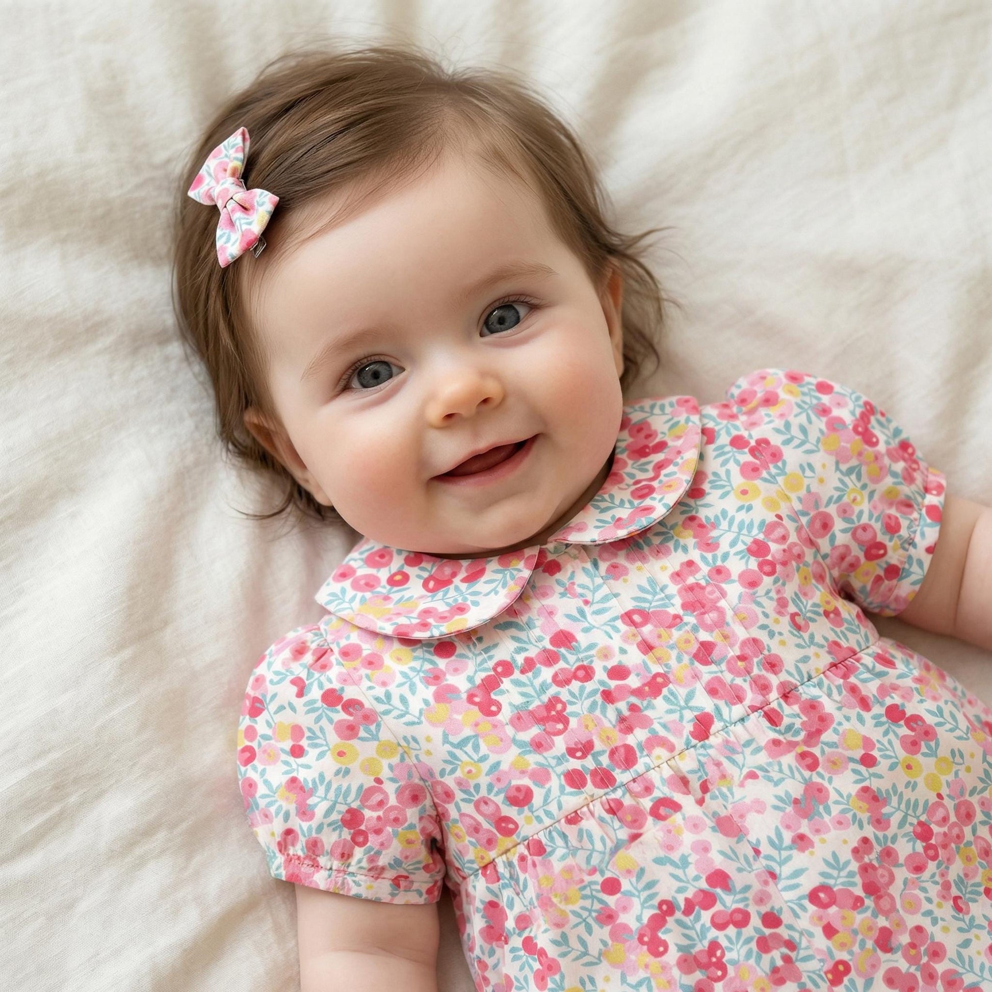 Liberty London Floral Bubble Romper, Peter Pan Collar, Heirloom Cotton Sunsuit