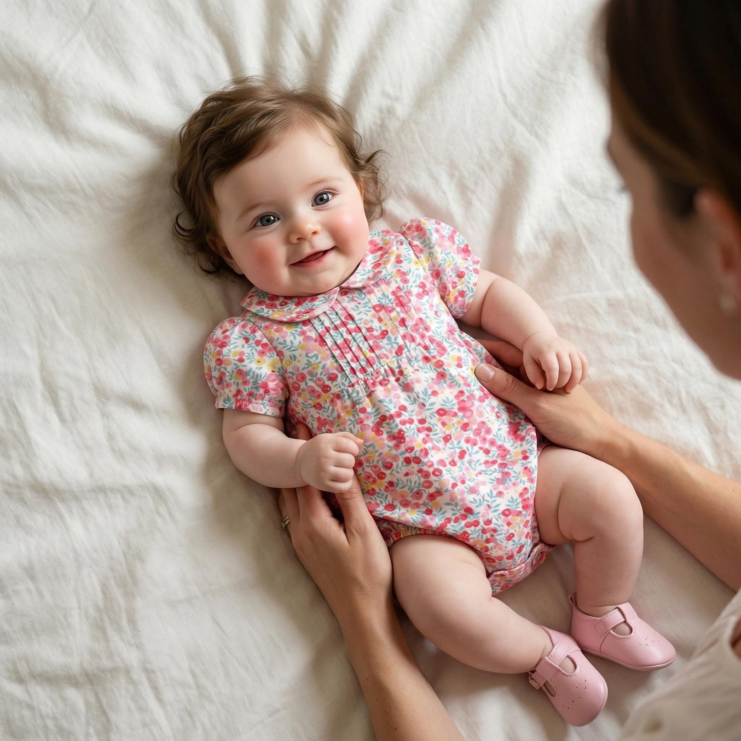 Liberty London Floral Bubble Romper, Peter Pan Collar, Heirloom Cotton Sunsuit