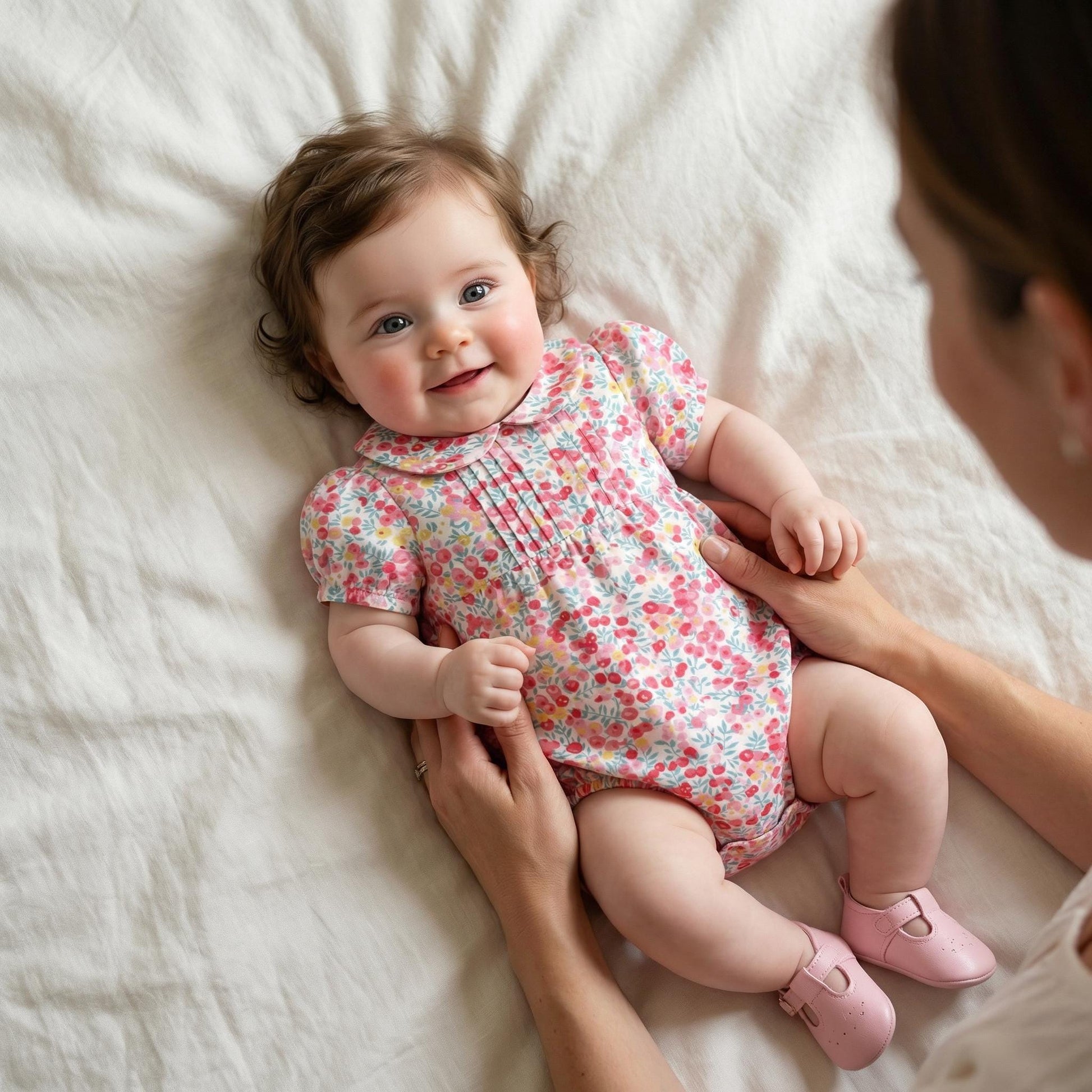 Liberty London Floral Bubble Romper, Peter Pan Collar, Heirloom Cotton Sunsuit