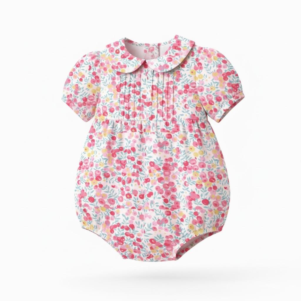 Liberty London Floral Bubble Romper, Peter Pan Collar, Heirloom Cotton Sunsuit