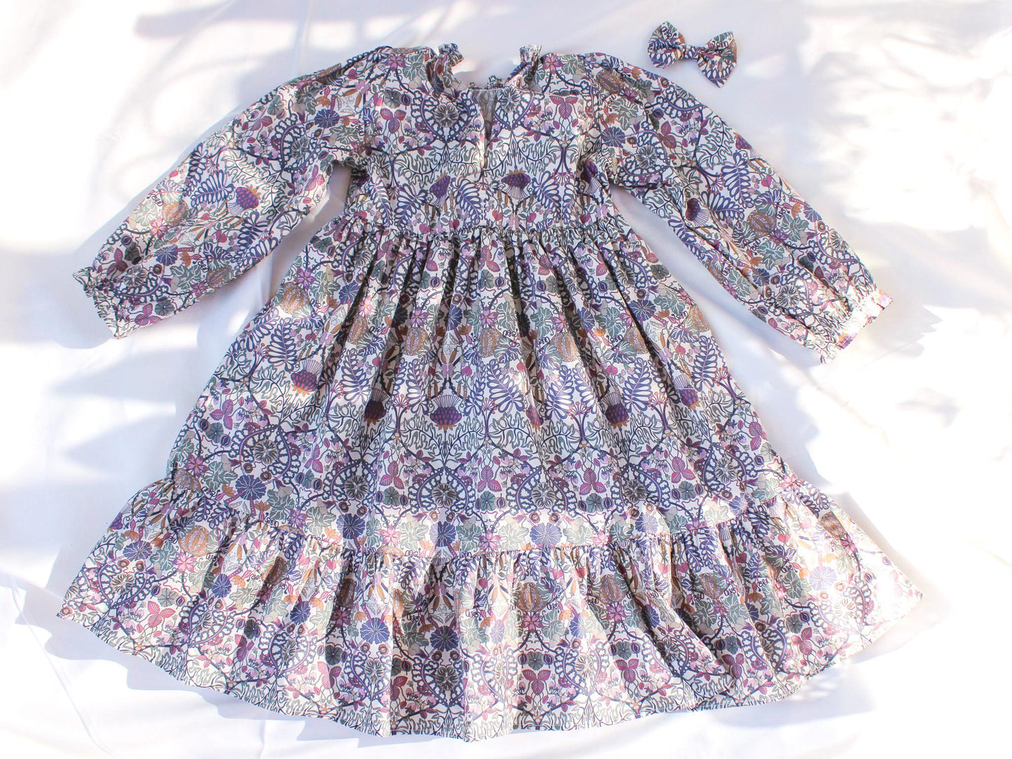 Liberty London Smock Boho Midi Puffed Long Sleeves Dress, Heirloom Wedding Flower Girl Gown