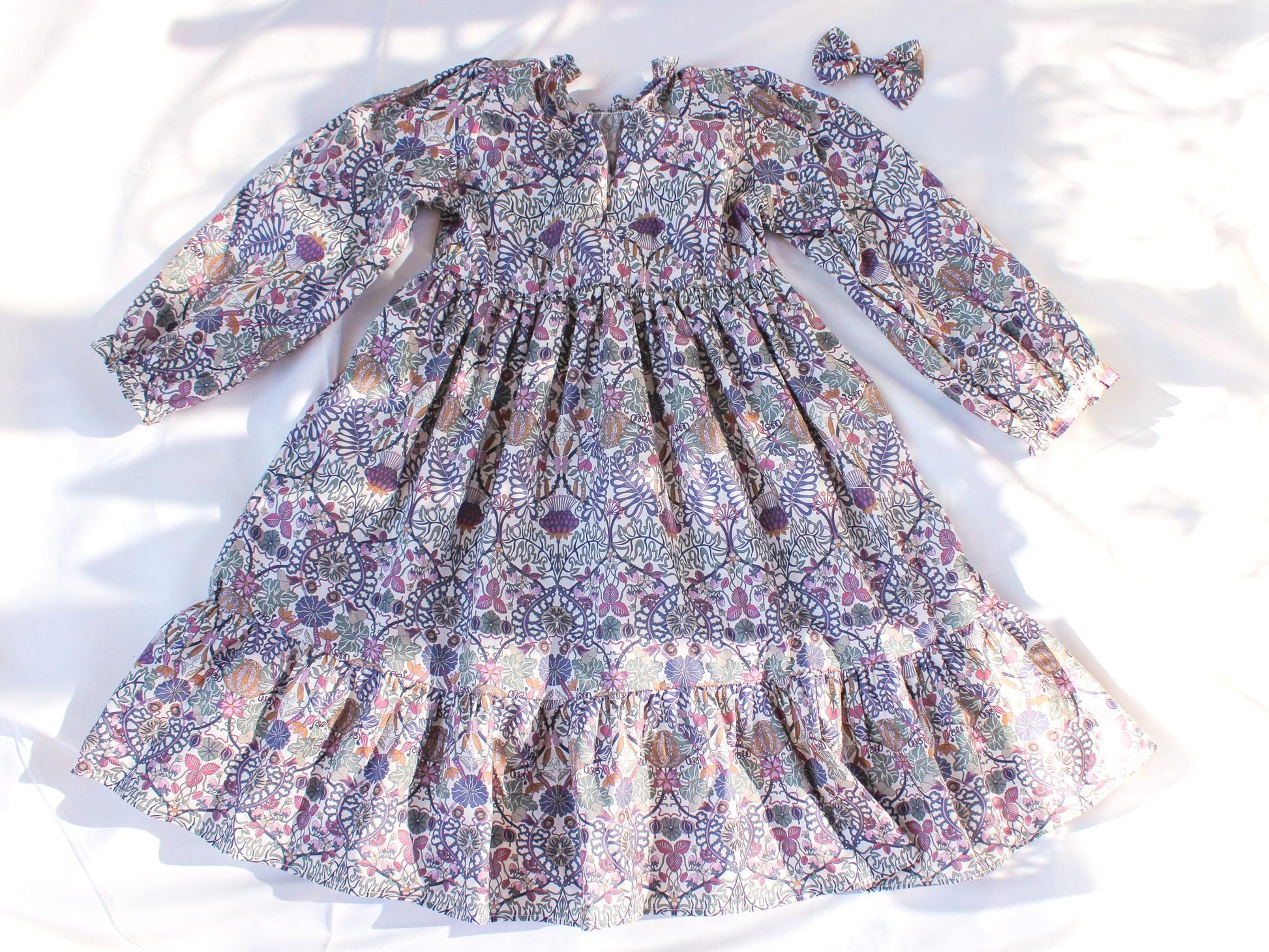 Liberty London Smock Boho Midi Puffed Long Sleeves Dress, Heirloom Wedding Flower Girl Gown